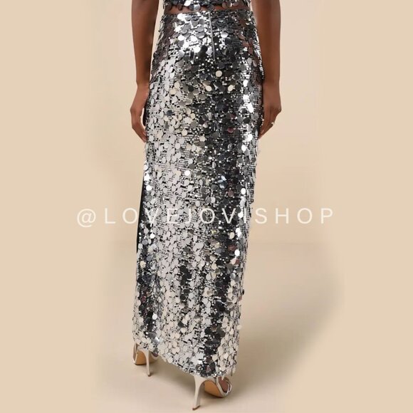 NYE Glam | NWT! Lulus Disco Sequin Maxi Midi Skirt w Front Slit Silver Sparkle M - Picture 3 of 13